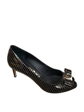 Salvatore Ferragamo Black Patent Vara Striped Bow Pumps 7.5